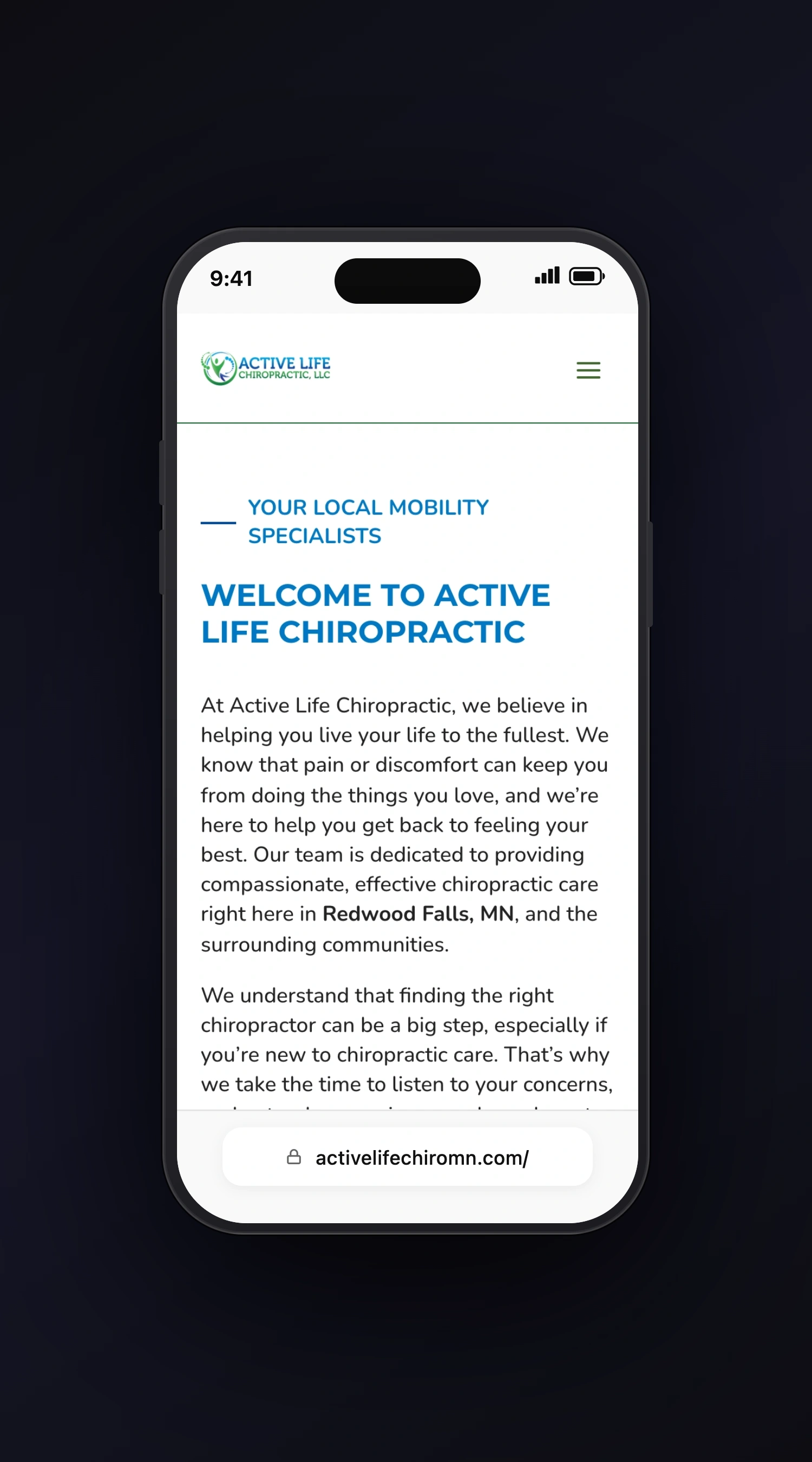 Active Life Chiropractic mobile screen one