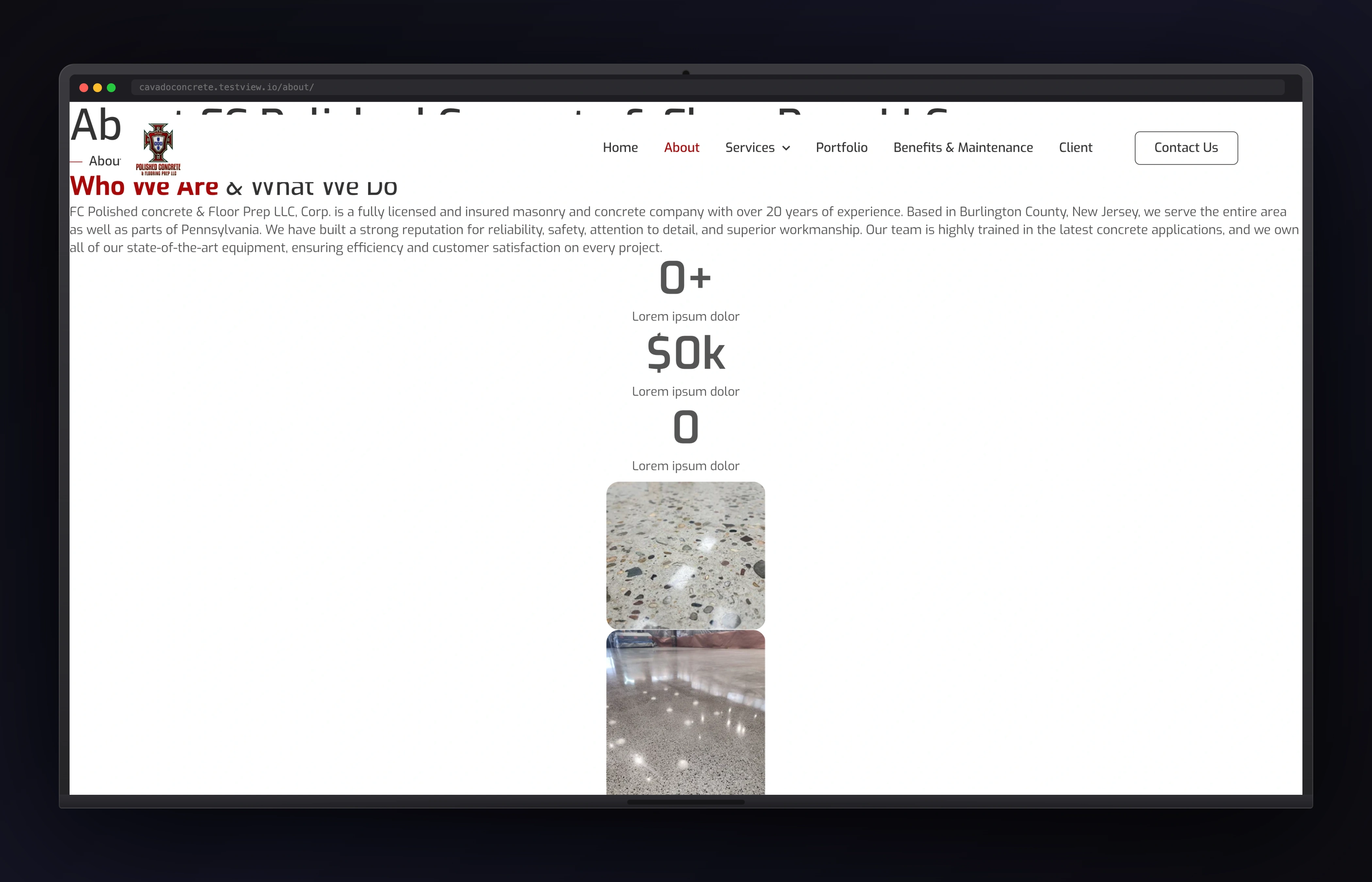 Cavado Concrete desktop website concept