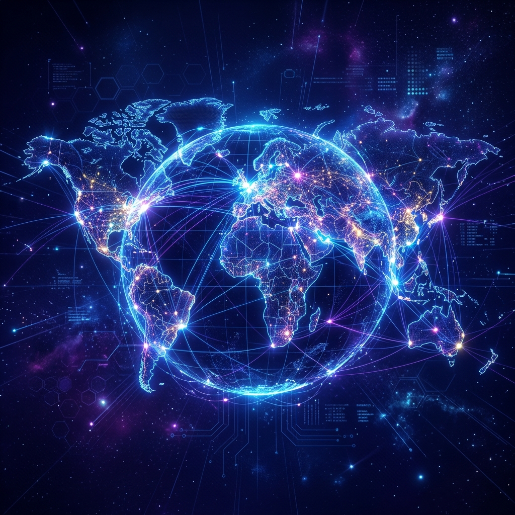 Abstract global network map with glowing edge nodes lighting up simultaneously, dark blue and purple background.