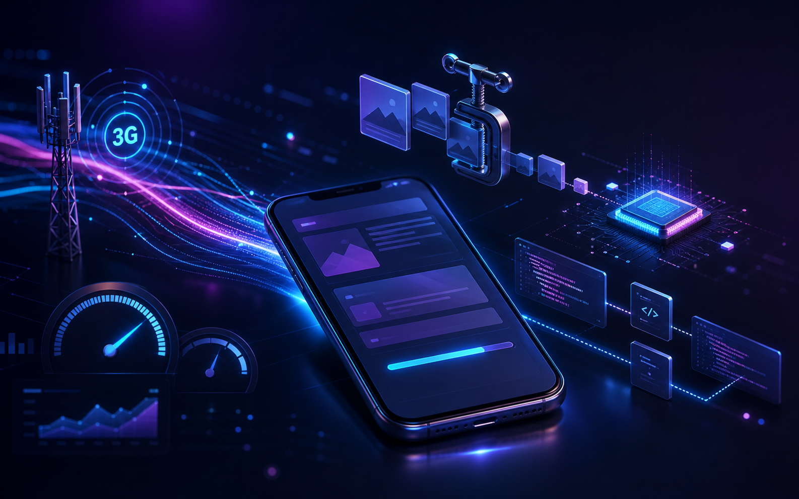 Abstract mobile phone silhouette emitting fast data waves, minimalist and high tech on dark background.