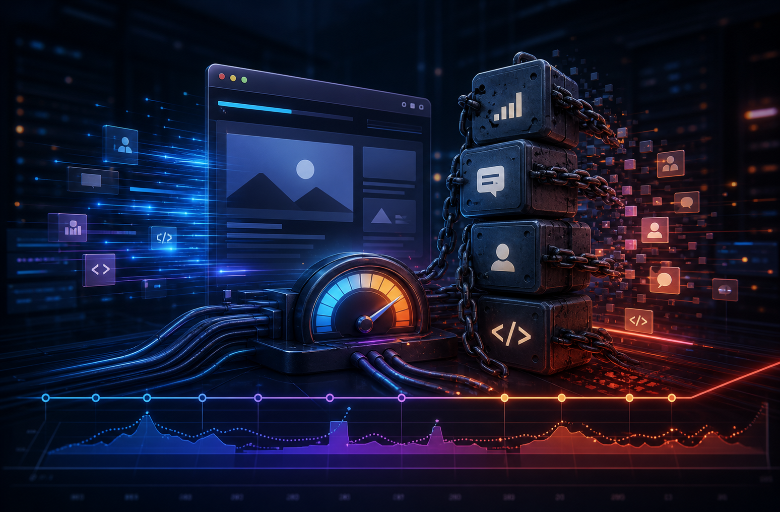 Abstract design showing heavy data blocks being filtered and optimized before reaching a core node, dark premium background.