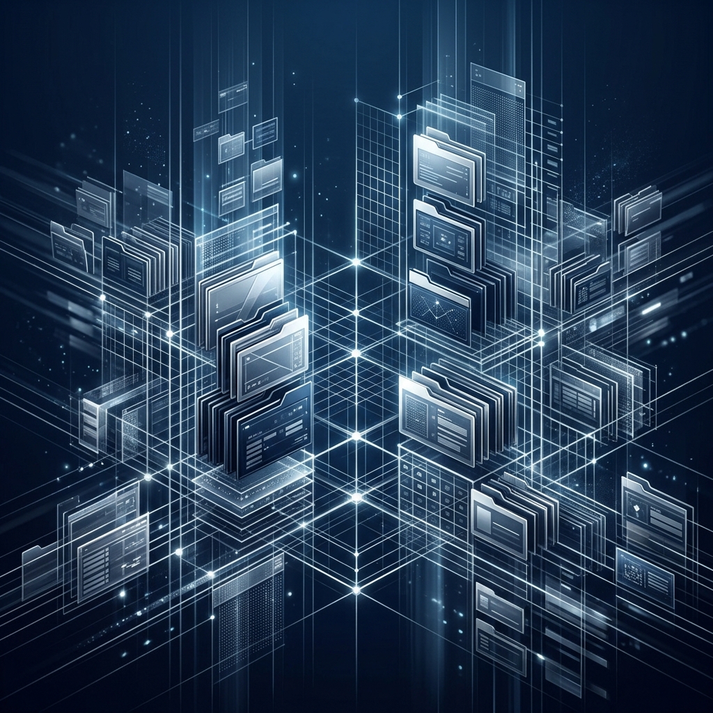 Abstract representation of organized structured folders and clean architectural grids, dark blue and silver theme.
