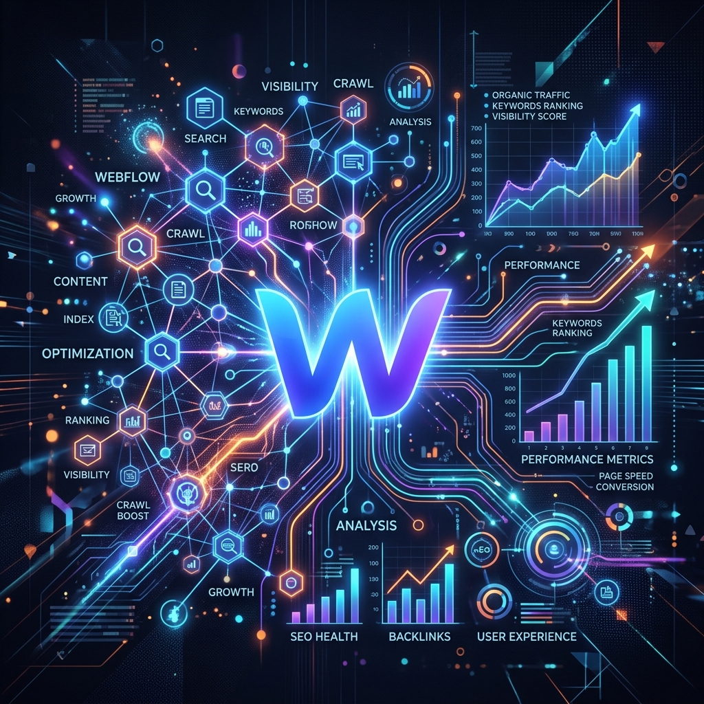 Abstract visual representation of Webflow logo merged with search engine nodes and optimization charts, glowing accents.