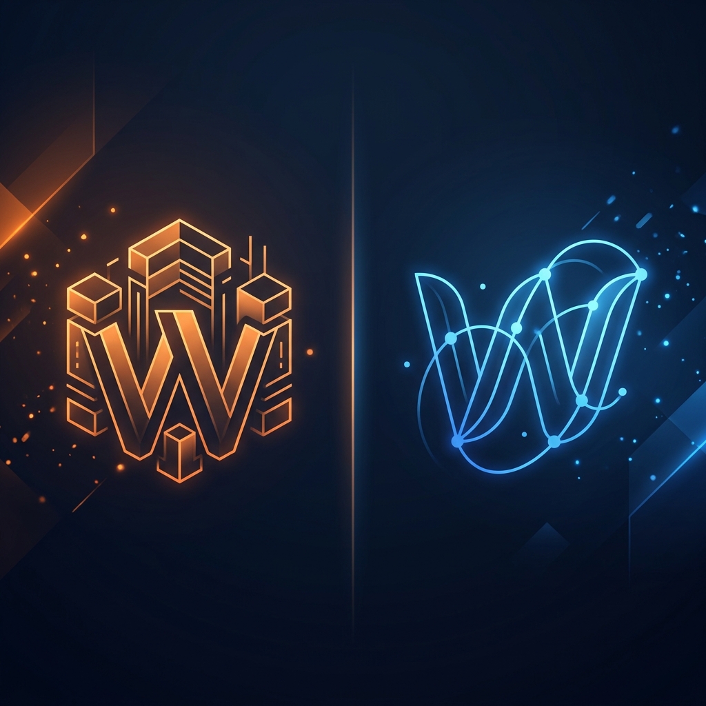 Split composition with abstract platform representations on a dark navy gradient.