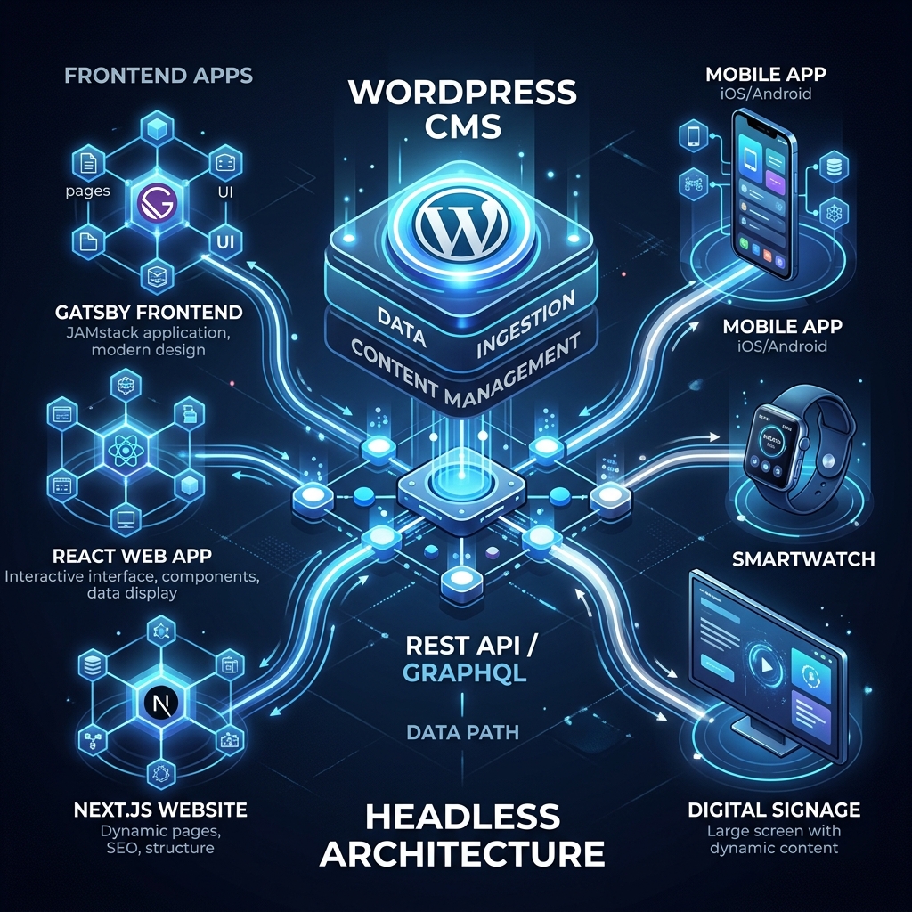 Abstract representation of WordPress CMS architecture showing headless data flow with blue and white glowing nodes.