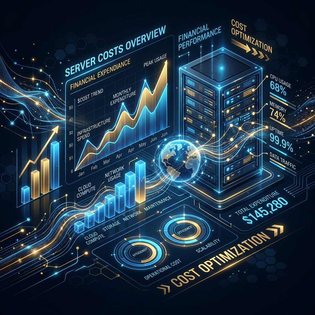 Abstract representation of server costs and financial charts on a dark premium background with blue and gold accents.